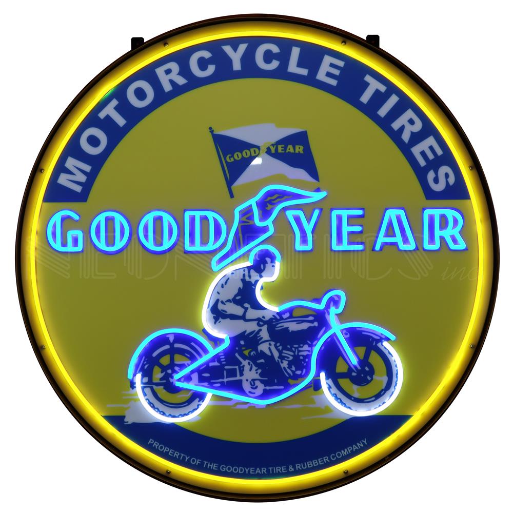 Neonetics 29YMTR Goodyear Vintage Motorcycle LED Flex-Neon Sign in Steel Can 36” Diameter (CCC)